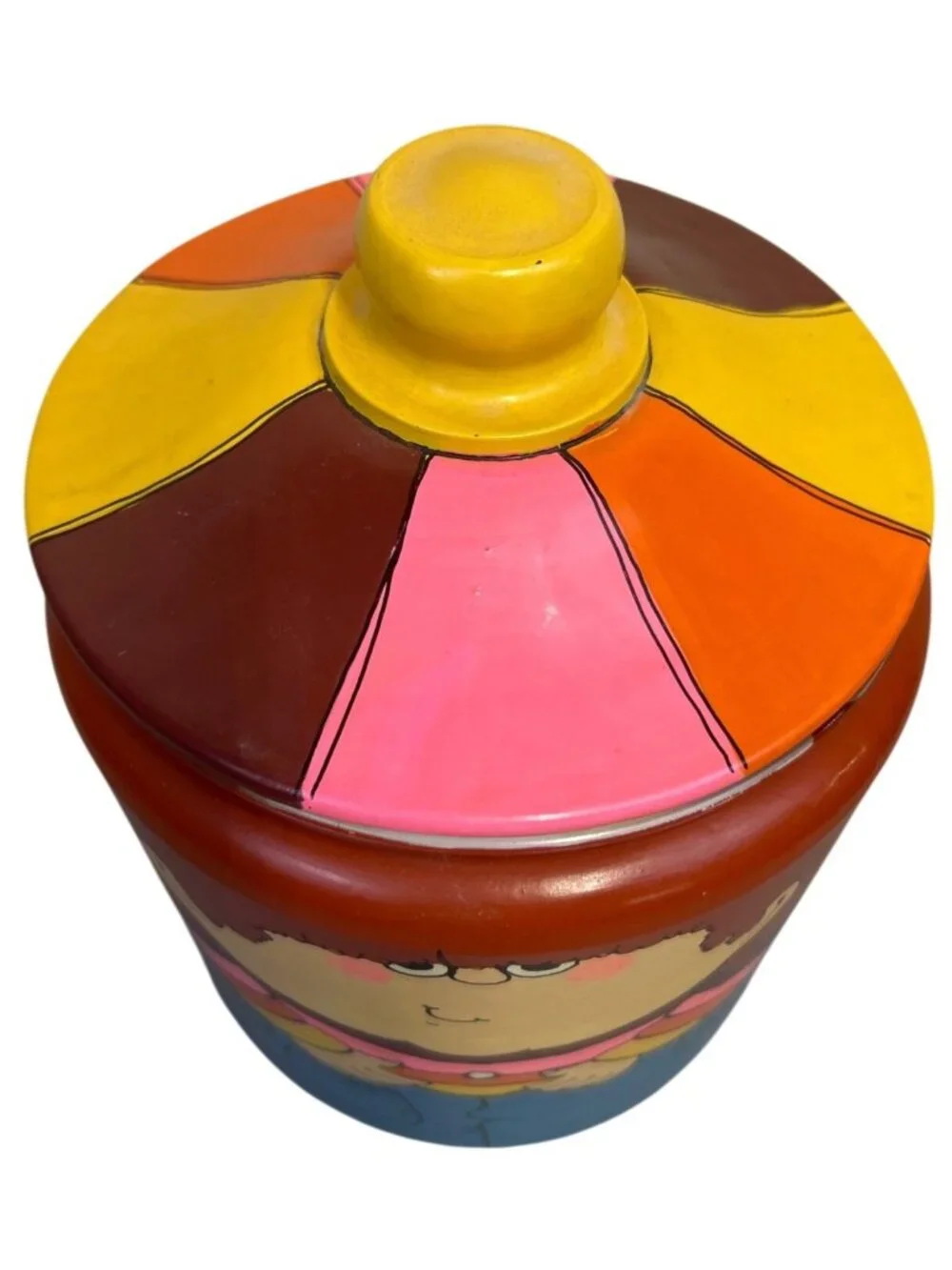 Vintage Hand Painted Ceramic Cookie Jar Whimsical Boy Folk Art Kitchen Canister